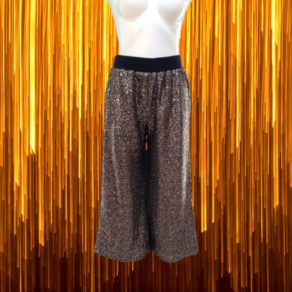 see n be seen Pants - Black Gold Sequin Jazzy Party Palazzo Cropped Pants Fully Lined Wide Leg Sz S